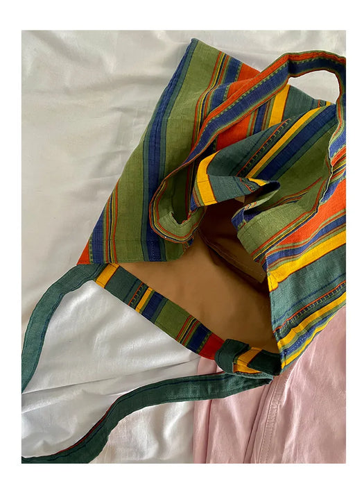Ladies Bohemian Striped Linen Tote Bag Large Capacity Casual Shoulder Bag Daily Handbag for Daily Commute Shopping Travel