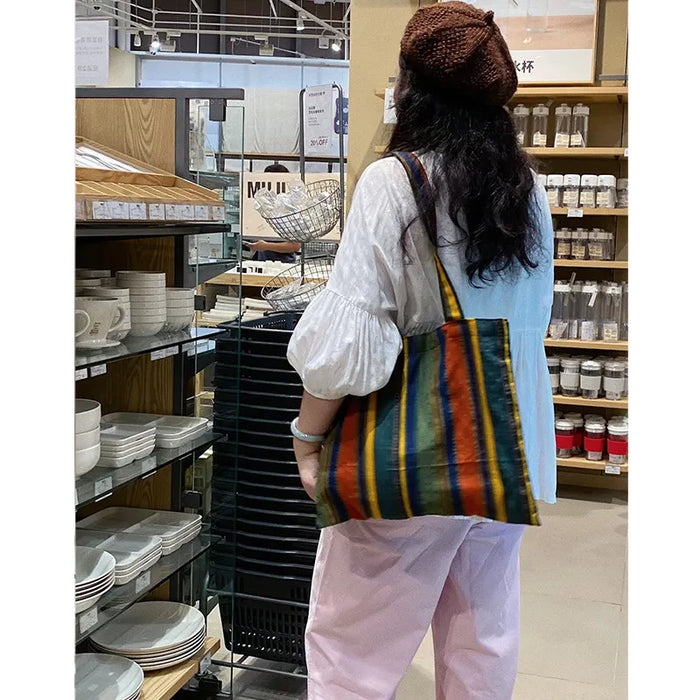 Ladies Bohemian Striped Linen Tote Bag Large Capacity Casual Shoulder Bag Daily Handbag for Daily Commute Shopping Travel