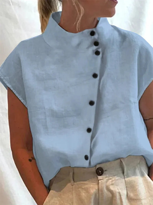 Elegant Cotton Linen Stand Neck Shirt Female 2026 Summer Simple Style Single Breasted Cardigan Tops Women's Casual Loose Blouse