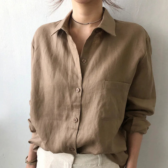 Leisure Long Sleeve Cotton Linen Loose Shirt Women Spring Summer Vintage Harjauku Streetwear Oversized Blouse Elegant Top Tunics