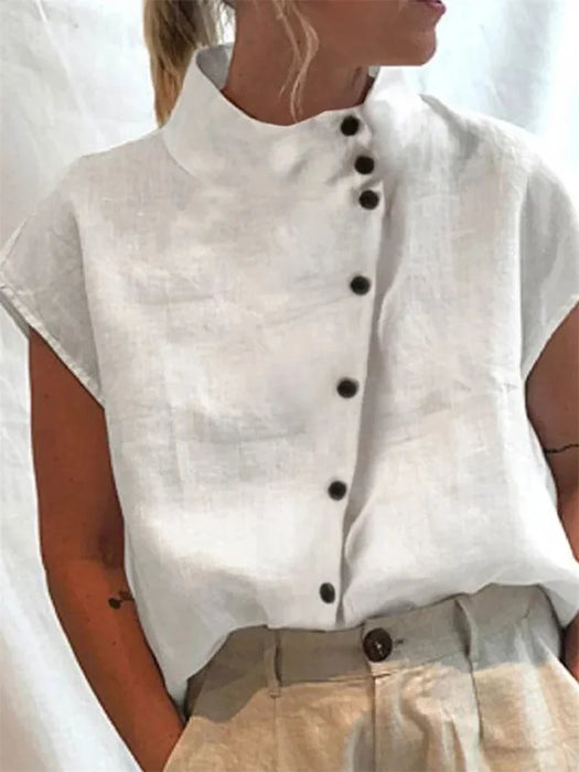 Elegant Cotton Linen Stand Neck Shirt Female 2026 Summer Simple Style Single Breasted Cardigan Tops Women's Casual Loose Blouse