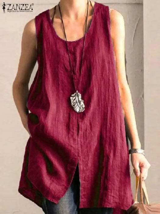2025 Summer Women's Long Tanks Tops ZANZEA Woman Cotton Linen Breathable Sleeveless Slit Blouses Casual Loose Solid Color Tees
