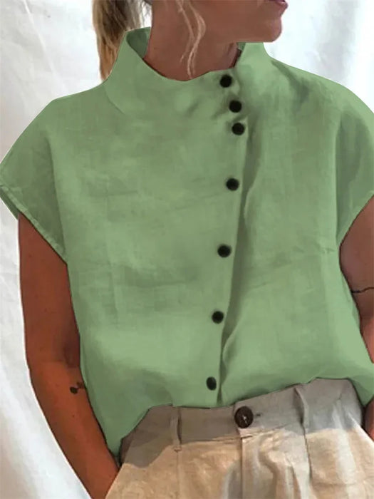 Elegant Cotton Linen Stand Neck Shirt Female 2026 Summer Simple Style Single Breasted Cardigan Tops Women's Casual Loose Blouse