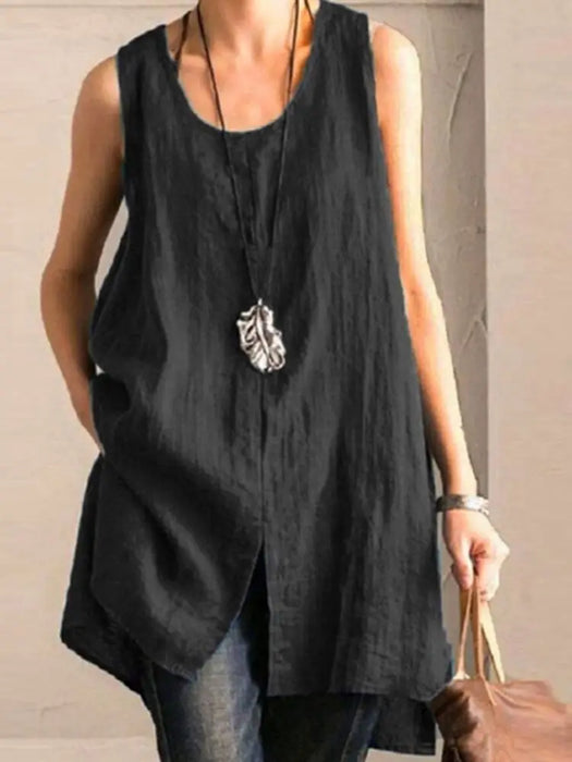 2025 Summer Women's Long Tanks Tops ZANZEA Woman Cotton Linen Breathable Sleeveless Slit Blouses Casual Loose Solid Color Tees