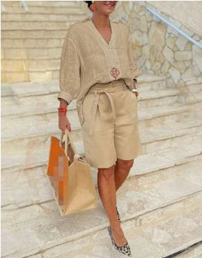Women Suits Elegant Style Two Piece Set Half Sleeve V-Neck Casual Loose Shirt + Pocket Belt Shorts Summer Cotton Linen Outfits