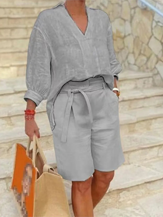 Women Suits Elegant Style Two Piece Set Half Sleeve V-Neck Casual Loose Shirt + Pocket Belt Shorts Summer Cotton Linen Outfits