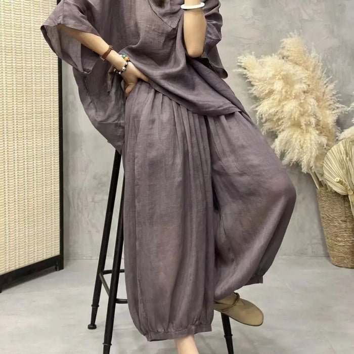 Loose Ramie Set For Women Large Size With Bat Sleeves V-neck Cotton Linen T-shirt Casual Lantern Pants Two-Piece Set For Summer