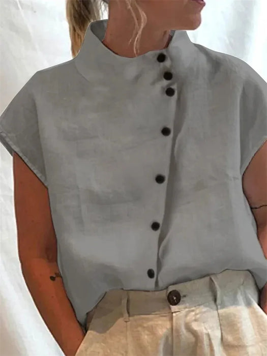 Elegant Cotton Linen Stand Neck Shirt Female 2026 Summer Simple Style Single Breasted Cardigan Tops Women's Casual Loose Blouse