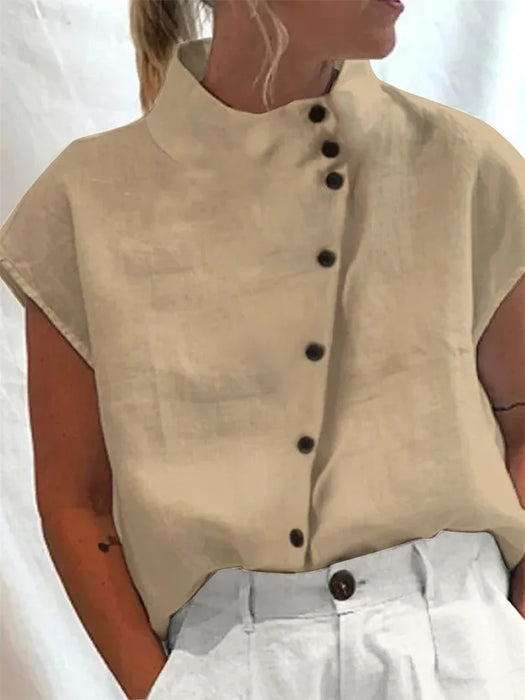 Elegant Cotton Linen Stand Neck Shirt Female 2026 Summer Simple Style Single Breasted Cardigan Tops Women's Casual Loose Blouse