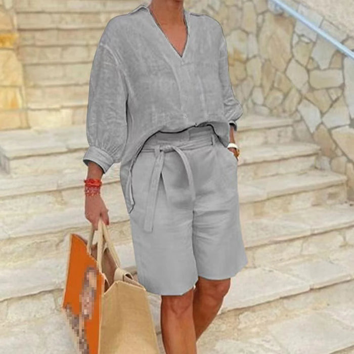 Women Suits Elegant Style Two Piece Set Half Sleeve V-Neck Casual Loose Shirt + Pocket Belt Shorts Summer Cotton Linen Outfits