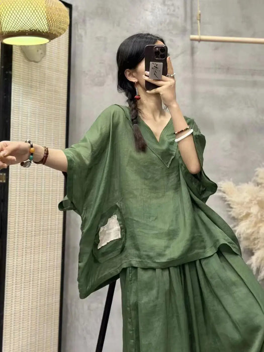 Loose Ramie Set For Women Large Size With Bat Sleeves V-neck Cotton Linen T-shirt Casual Lantern Pants Two-Piece Set For Summer