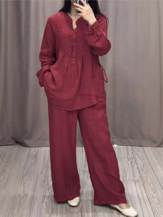 Women's 2 Piece Set Fashion Office Lady Solid Color Long-sleeve Casual Loose Wide-leg Pants Suit 2024 Spring Autumn Women Sets