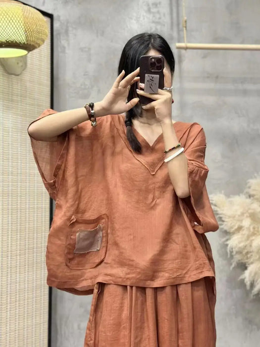 Loose Ramie Set For Women Large Size With Bat Sleeves V-neck Cotton Linen T-shirt Casual Lantern Pants Two-Piece Set For Summer