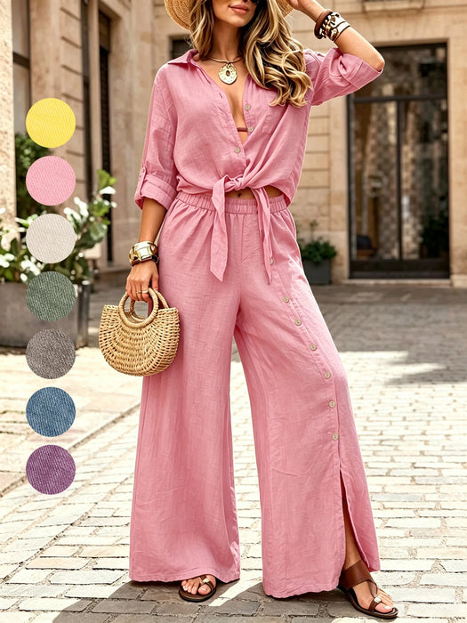 Women Linen Two Piece Outfit Lapel Roll Up Sleeve Tie Front Shirt Elastic Waist Side Split Wide Leg Pants Vacation Beach Co Ord