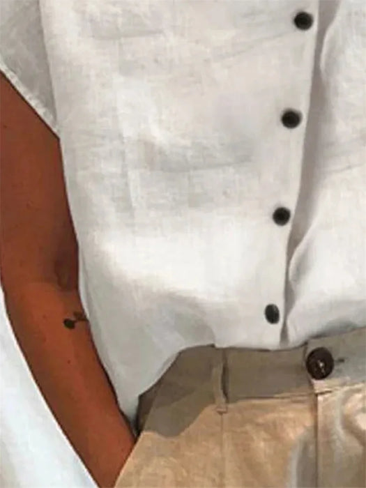 Elegant Cotton Linen Stand Neck Shirt Female 2026 Summer Simple Style Single Breasted Cardigan Tops Women's Casual Loose Blouse
