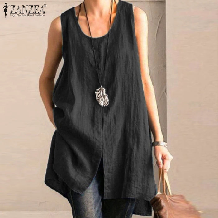 2025 Summer Women's Long Tanks Tops ZANZEA Woman Cotton Linen Breathable Sleeveless Slit Blouses Casual Loose Solid Color Tees