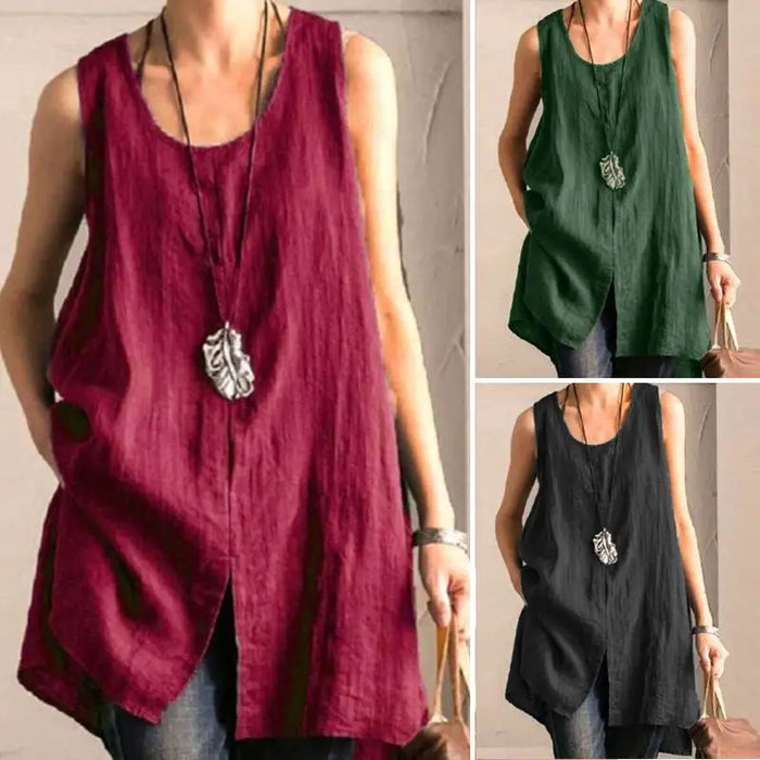 2025 Summer Women's Long Tanks Tops ZANZEA Woman Cotton Linen Breathable Sleeveless Slit Blouses Casual Loose Solid Color Tees