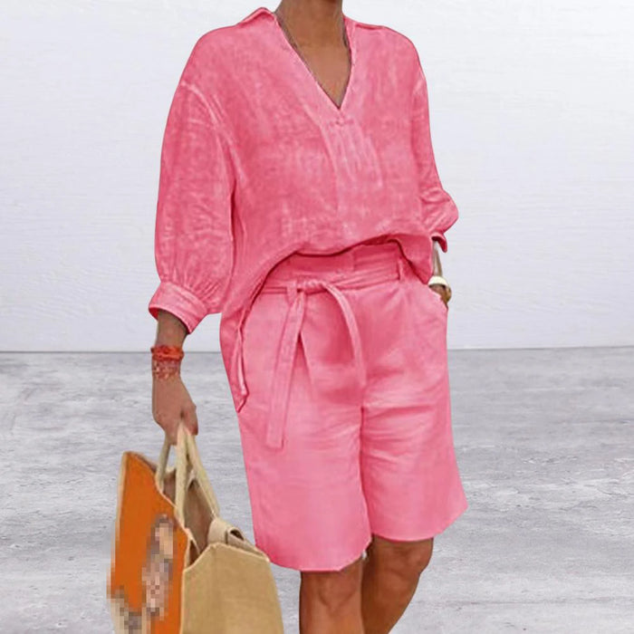 Women Suits Elegant Style Two Piece Set Half Sleeve V-Neck Casual Loose Shirt + Pocket Belt Shorts Summer Cotton Linen Outfits