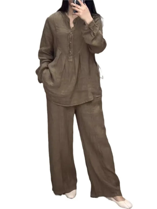 Women's 2 Piece Set Fashion Office Lady Solid Color Long-sleeve Casual Loose Wide-leg Pants Suit 2024 Spring Autumn Women Sets