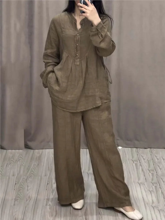 Women's 2 Piece Set Fashion Office Lady Solid Color Long-sleeve Casual Loose Wide-leg Pants Suit 2024 Spring Autumn Women Sets