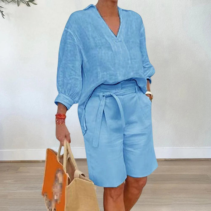 Women Suits Elegant Style Two Piece Set Half Sleeve V-Neck Casual Loose Shirt + Pocket Belt Shorts Summer Cotton Linen Outfits