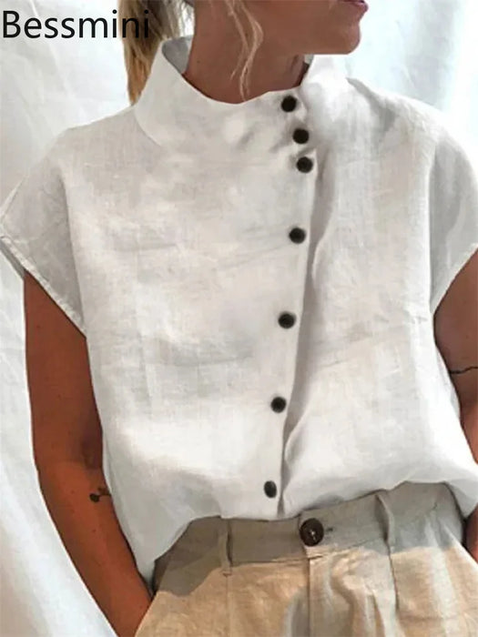 Elegant Cotton Linen Stand Neck Shirt Female 2026 Summer Simple Style Single Breasted Cardigan Tops Women's Casual Loose Blouse