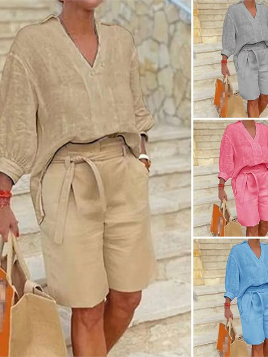 Women Suits Elegant Style Two Piece Set Half Sleeve V-Neck Casual Loose Shirt + Pocket Belt Shorts Summer Cotton Linen Outfits