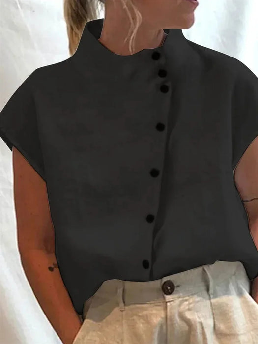 Elegant Cotton Linen Stand Neck Shirt Female 2026 Summer Simple Style Single Breasted Cardigan Tops Women's Casual Loose Blouse