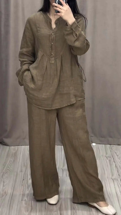 Women's 2 Piece Set Fashion Office Lady Solid Color Long-sleeve Casual Loose Wide-leg Pants Suit 2024 Spring Autumn Women Sets