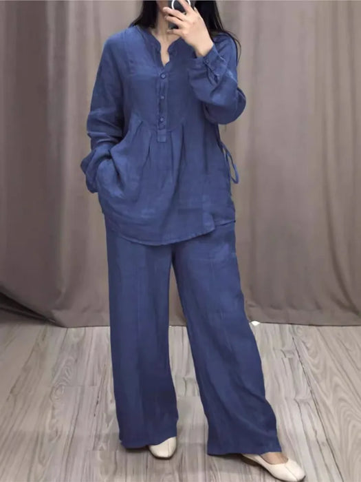 Women's 2 Piece Set Fashion Office Lady Solid Color Long-sleeve Casual Loose Wide-leg Pants Suit 2024 Spring Autumn Women Sets