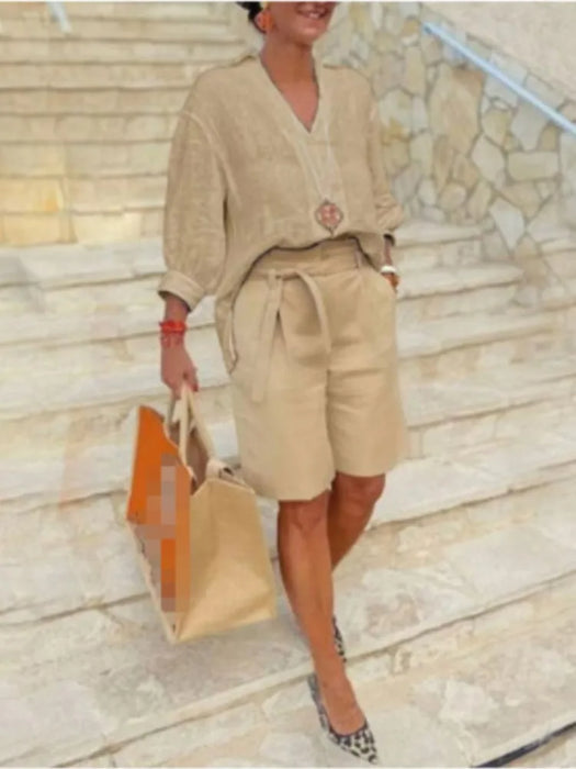 Women Suits Elegant Style Two Piece Set Half Sleeve V-Neck Casual Loose Shirt + Pocket Belt Shorts Summer Cotton Linen Outfits