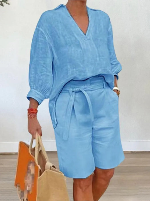Women Suits Elegant Style Two Piece Set Half Sleeve V-Neck Casual Loose Shirt + Pocket Belt Shorts Summer Cotton Linen Outfits