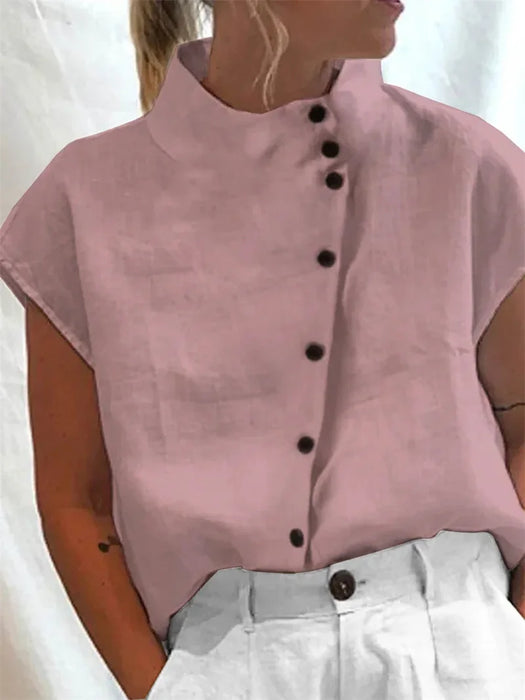 Elegant Cotton Linen Stand Neck Shirt Female 2026 Summer Simple Style Single Breasted Cardigan Tops Women's Casual Loose Blouse