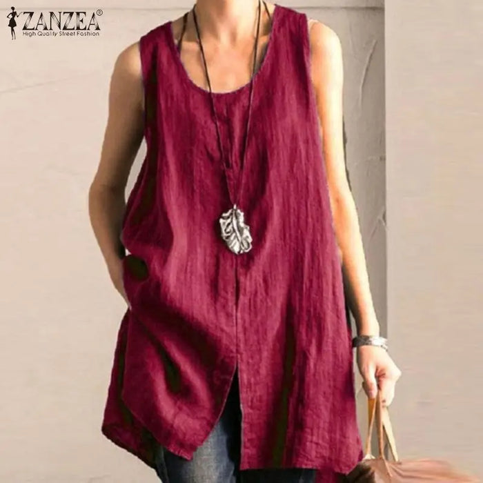 2025 Summer Women's Long Tanks Tops ZANZEA Woman Cotton Linen Breathable Sleeveless Slit Blouses Casual Loose Solid Color Tees